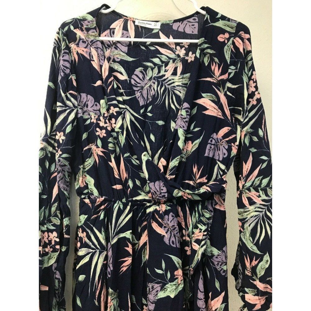 Fashion Leader Women Dress Blue L Floral Print long sleeve v neck